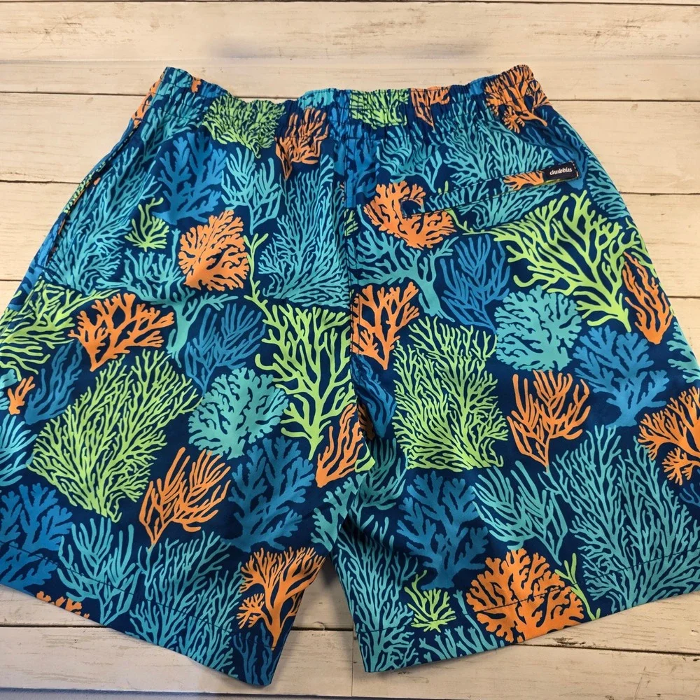 Chubbies Mens Swim Trunks Small 7 Inch Inseam Blue Green Orange Coral Reef Print